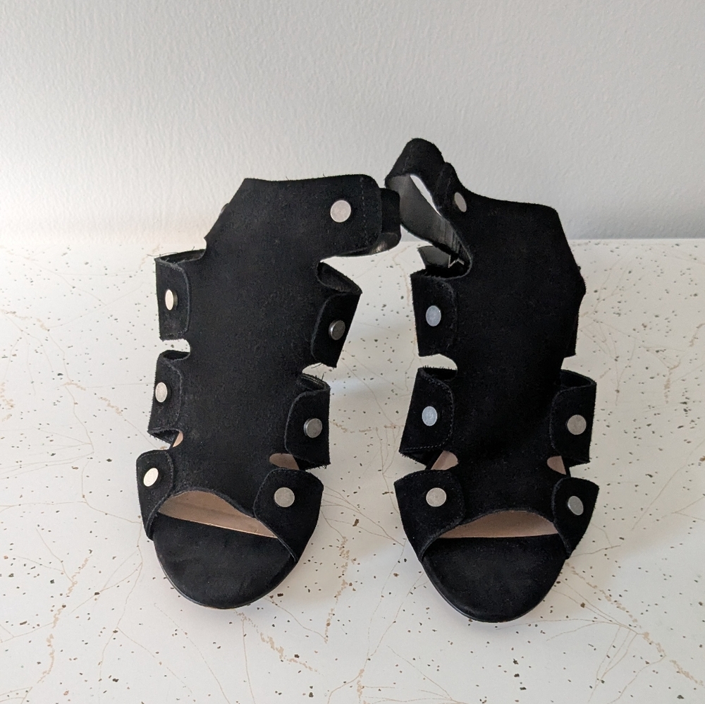 Audrey Brooke Black Suede Open-Toe Heels
